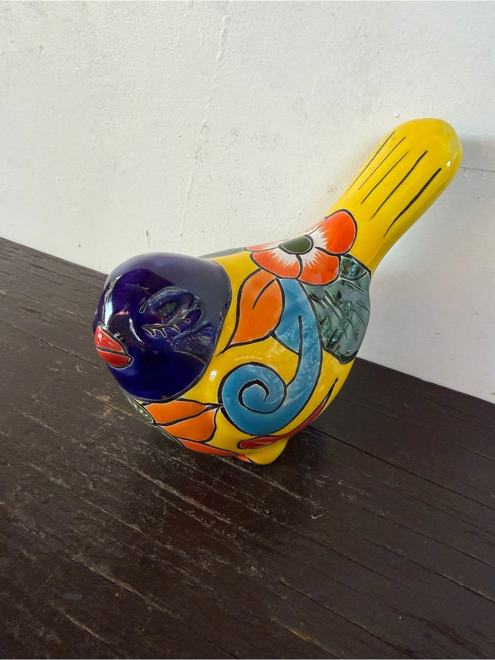 Hand-Painted Talavera Bird Figurine Decor - Yellow, Blue, Orange